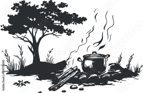 Black and white vector illustration of a campfire scene with a cooking pot, tree, and surrounding greenery for outdoor themes