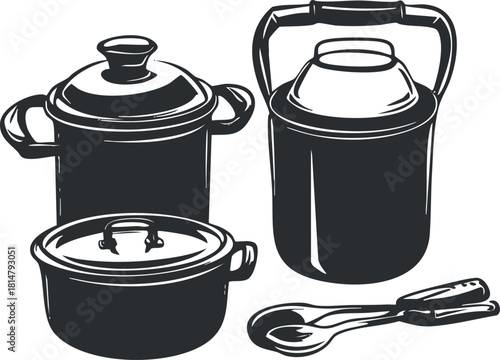 Stylish black and white vector illustration of kitchen cookware including pots, a kettle, and utensils for culinary design projects