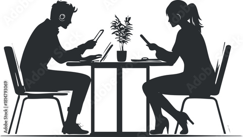 Minimalist silhouette vector illustration of a couple sitting at a table, engaged with their smartphones and a laptop, ideal for modern lifestyle concepts.
