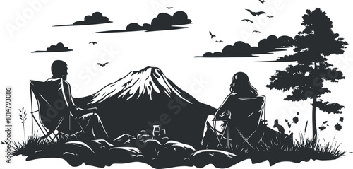 Silhouette vector illustration of a couple relaxing in nature, enjoying a scenic mountain view for outdoor adventure and travel themes