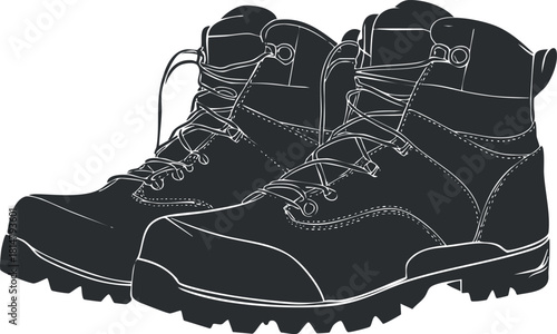 Stylish black and white vector illustration of rugged hiking boots suitable for outdoor adventure designs and gear branding