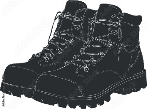 Detailed black and white vector illustration of rugged hiking boots suitable for outdoor activities and adventure gear