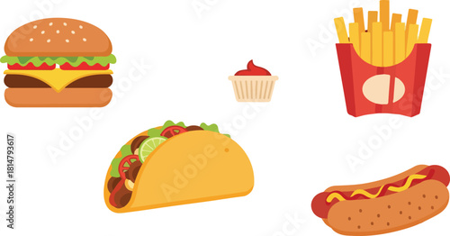 An illustration featuring a burger, taco, fries, hotdog, and a small container of sauce, all depicted in a flat, cartoon style against a white background.