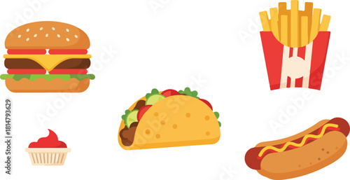 Illustration of various fast food items including a burger, fries, taco, hot dog, and cupcake, all on a white background.