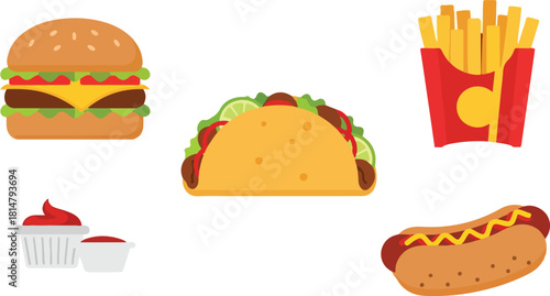 Flat vector illustration of fast food items including a burger, taco, fries, hot dog, and ketchup containers, isolated on a white background.