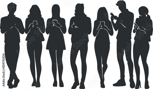 Silhouette vector illustration of diverse people using smartphones, showcasing modern communication and technology in a minimalist style