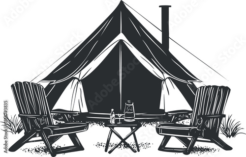 Stylish black and white vector illustration of a glamping tent with cozy chairs, perfect for outdoor adventure or camping design projects