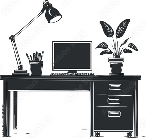 Minimalist black and white vector illustration of a modern office desk setup featuring a computer, lamp, and plant for workspace design
