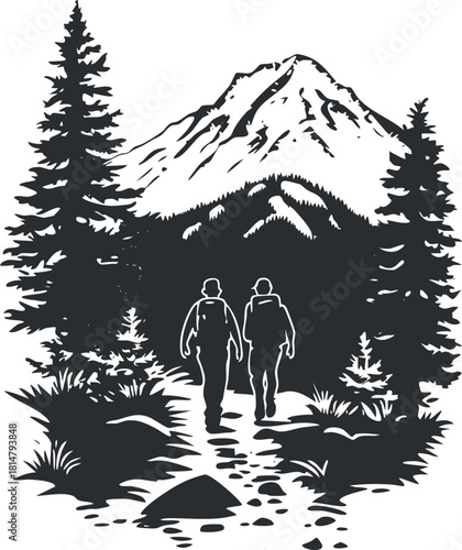 Silhouette vector illustration of two hikers exploring a mountainous landscape surrounded by tall trees and scenic views