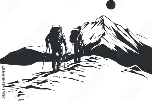 Silhouette vector illustration of two climbers ascending a mountain peak in a minimalist style, ideal for adventure-themed projects
