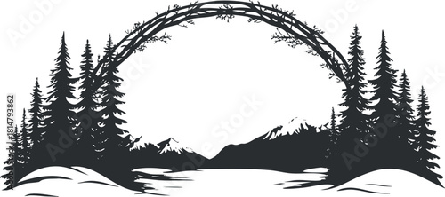 Silhouette vector illustration of a tranquil forest landscape featuring mountains and a natural arch for outdoor and adventure themes