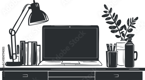 Minimalist black and white vector illustration of a modern workspace featuring a laptop, desk lamp, books, and a plant for creative projects.