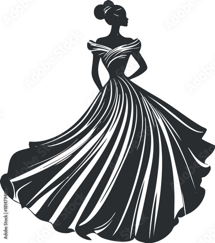 Elegant black and white vector illustration of a fashionable gown silhouette, ideal for fashion-related branding and design projects