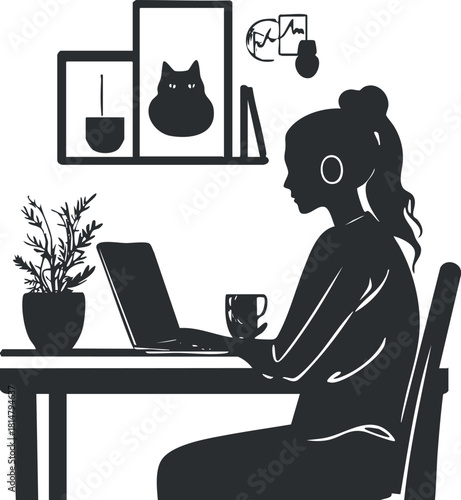 Minimalist silhouette vector illustration of a woman working on a laptop in a cozy home office setting with decor elements.