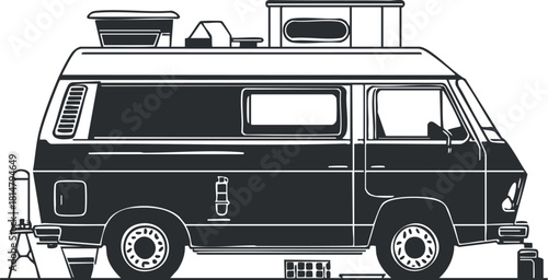 Minimalist black and white vector illustration of a classic camper van, perfect for travel and adventure-themed designs.