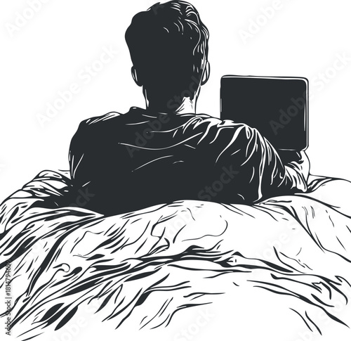 Minimalist outline illustration of a person relaxing in bed while using a tablet, ideal for lifestyle and technology themes