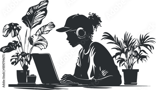 Silhouette vector illustration of a woman working on a laptop surrounded by indoor plants, ideal for home office and wellness themes