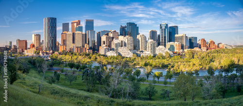 Panoramic of the Calgary skyline on a summer morning.