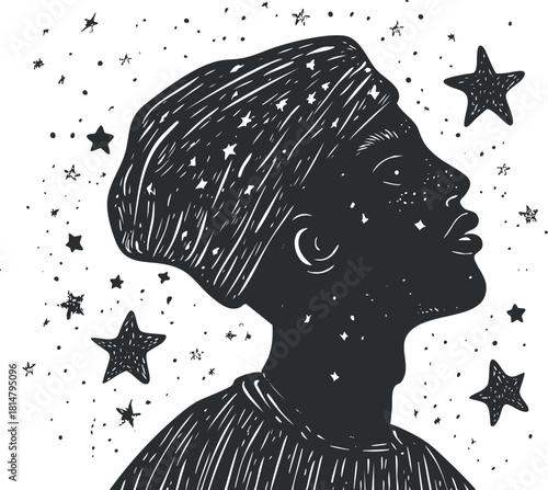 Silhouette vector illustration of a person gazing at stars, featuring a modern hand-drawn style suitable for artistic projects