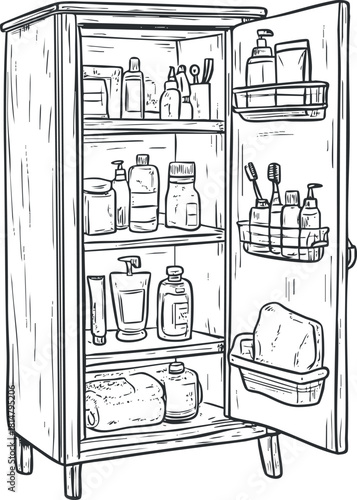 Outline vector illustration of a bathroom cabinet filled with skincare and personal care products for hygiene and organization