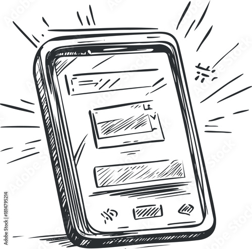 Hand-drawn vector illustration of a smartphone with a notification alert for digital communication and app interface design