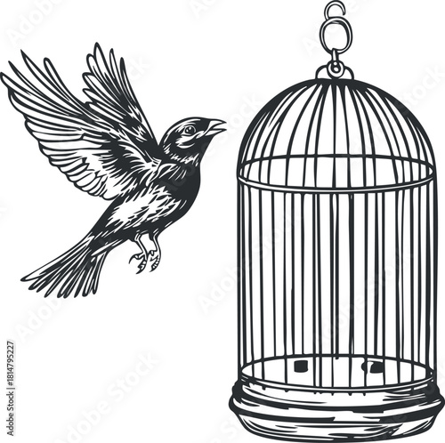 Detailed vintage vector illustration of a bird in flight next to an ornate birdcage, symbolizing freedom and escape