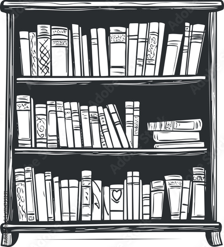 Hand-drawn black and white vector illustration of a bookshelf filled with various books, perfect for educational and literary designs