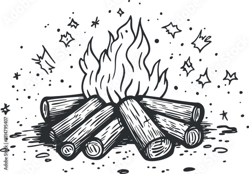 Hand-drawn vector illustration of a campfire with logs and flames, perfect for outdoor and adventure-themed projects