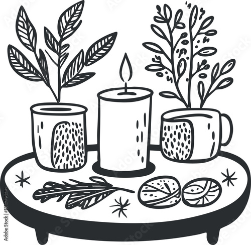 Hand-drawn vector illustration of a cozy tabletop scene featuring a candle, potted plants, mugs, and cookies for home decor.