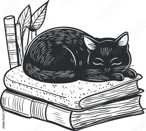 Charming black and white vector illustration of a sleeping cat on a stack of books, ideal for cozy home decor or literary themes