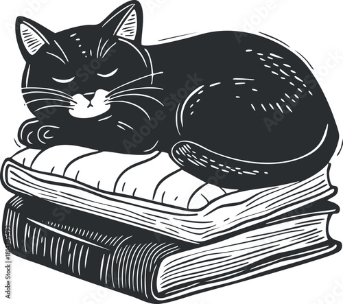 Whimsical black and white vector illustration of a sleeping cat resting on a stack of books, perfect for cozy home decor or literary themes