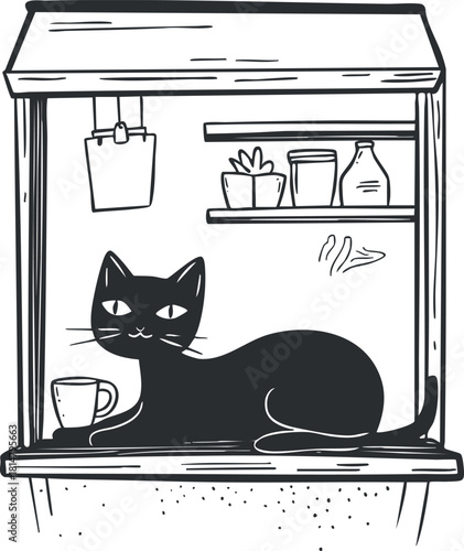 Charming black and white vector illustration of a cat resting on a window sill with drinks and plants for home decor