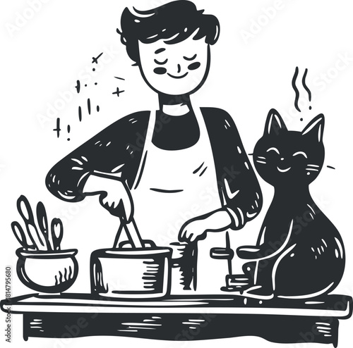 Whimsical black and white vector illustration of a chef cooking with a cat in the kitchen, perfect for culinary designs