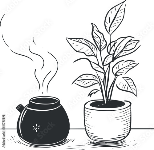 Minimalist black and white vector illustration of a potted plant beside a steaming pot, ideal for home decor and wellness projects