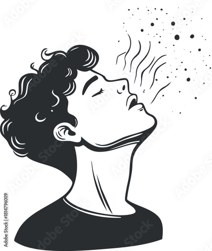 Stylish vector illustration of a man breathing deeply, representing relaxation and mindfulness for wellness and health concepts