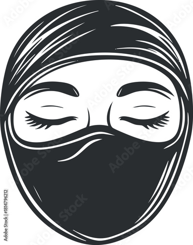 Stylized black and white vector illustration of a woman’s face with closed eyes and a headscarf, ideal for cultural and wellness themes