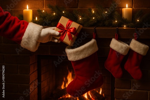 Santa placing a gift into a Christmas stocking hanging on the fireplace during Christmas Eve