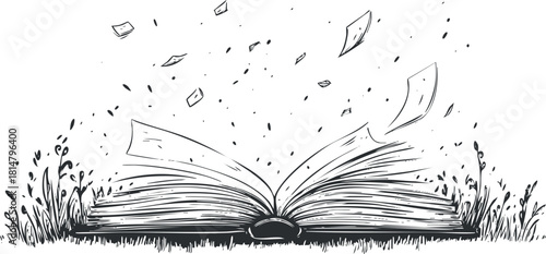 Whimsical black and white vector illustration of an open book surrounded by nature, perfect for educational and creative projects