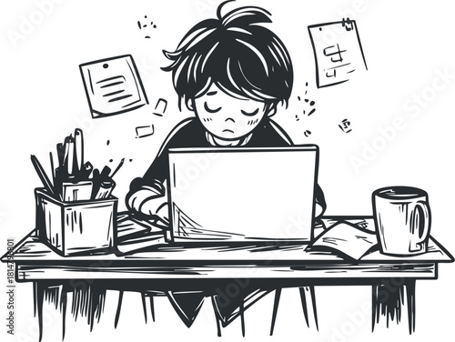 Sketch-style black and white illustration of a student working on a laptop at a cluttered desk, ideal for education and productivity themes