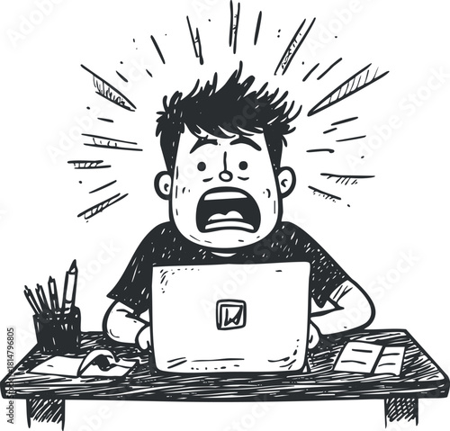 Cartoon style vector illustration of a frustrated person working on a laptop at a desk, expressing stress and chaos in a modern office setting