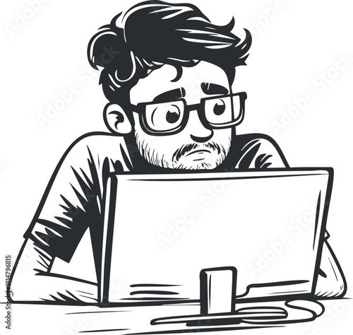 Illustration of a young man working on a laptop, expressing concentration and contemplation in a modern vector style.