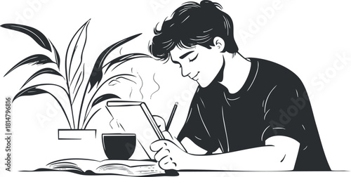 Minimalist black and white vector illustration of a young man studying at a desk with a coffee cup and plant