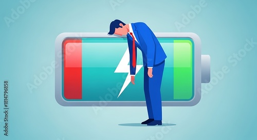 Drained and exhausted businessman leaning over a low power battery, a visual metaphor for professional burnout and chronic fatigue syndrome
