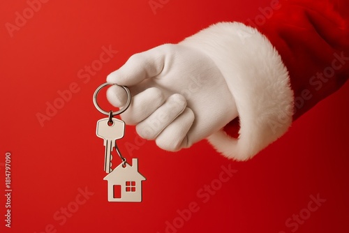 Santas hand holding a key with a houseshaped keychain on red background festive closeup holiday detail