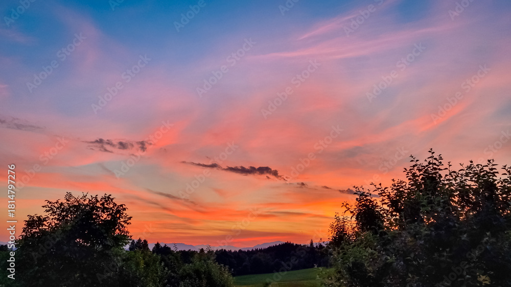 Fototapeta premium Expansive and dramatic sunset fills the sky with fiery palette of brilliant orange, soft pink, and deep blue, creating stunning, vibrant spectacle above dark silhouettes of trees and distant mountains