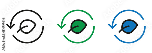 Go Green with Circular Economy Icons Showing Sustainability and Renewal with Leaf and Arrow Symbols in Black, Green and Blue Colors for Eco-Friendly Initiatives