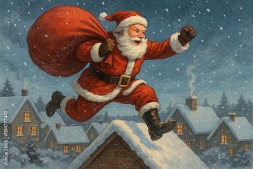 Santa jumping across snowy rooftops with a large red sack fast gift delivery scene