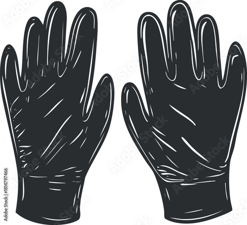 Vector illustration of a pair of black rubber gloves, suitable for safety, hygiene, and cleaning applications