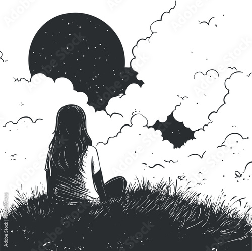 Silhouette vector illustration of a girl sitting on grass, gazing at the moon and clouds in a serene night sky