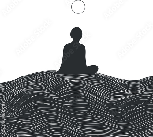 Minimalist black and white vector illustration of a person meditating on waves, symbolizing tranquility and mindfulness.